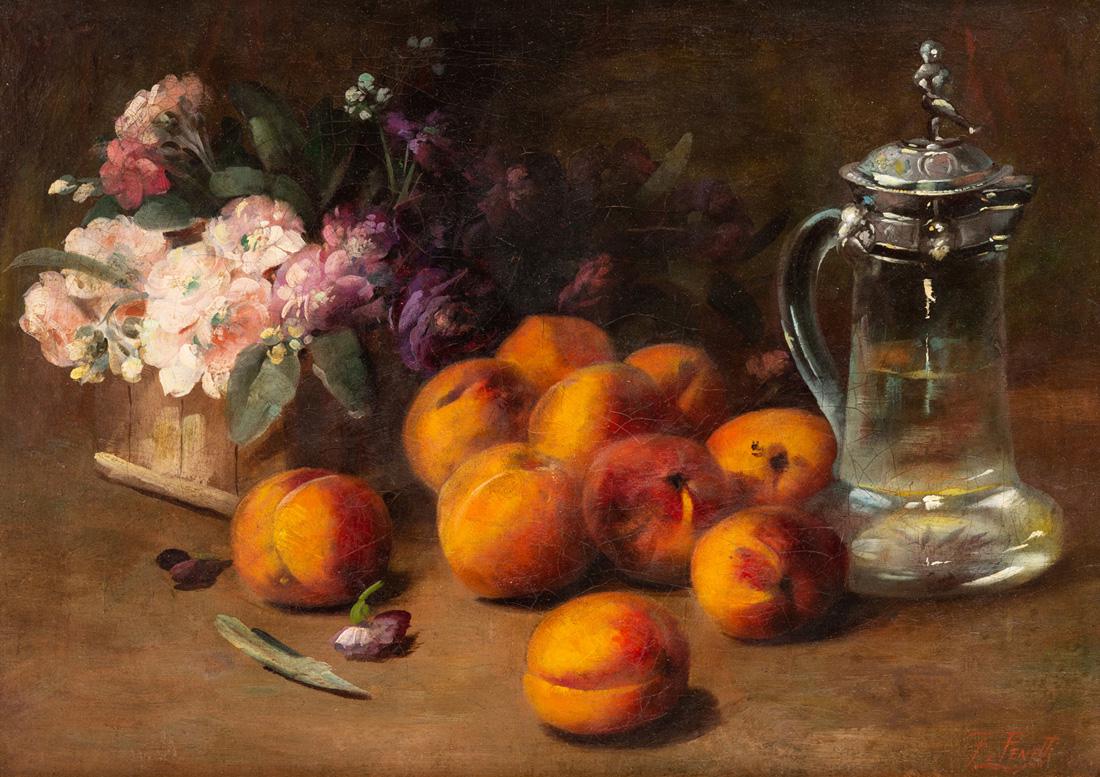 FREDERICK FENETTI (AMERICAN 1854-1915): FREDERICK FENETTI (AMERICAN 1854-1915) Still Life with Peaches, Blossoms and a Silver-lidded Flagon, oil on canvas 38.5 x 54 cm (15 1/8 x 21 1/4 in.) signed lower right PROVENANCE Doyle, New York, Jun