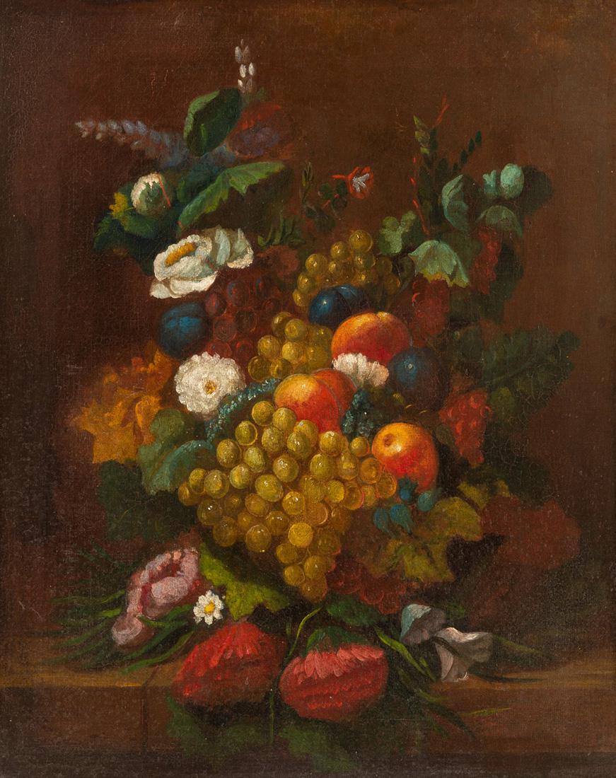 19TH CENTURY CONTINENTAL SCHOOL: 19TH CENTURY CONTINENTAL SCHOOL Still Life with Bouquet, Grapes, Peaches and Plums, oil on canvas 75 x 61 cm (29 1/2 x 24 in.)