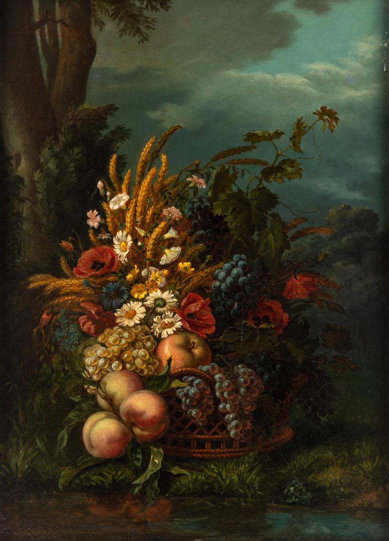 19TH CENTURY FRENCH ARTIST: 19TH CENTURY FRENCH ARTIST Still life with a basket of daisies, poppies, stalks of wheat, with apples, peaches and grapes in a landscape, oil on canvas 81 x 59.5 cm (31 7/8 x 23 3/8 in.) PROVENANCE G