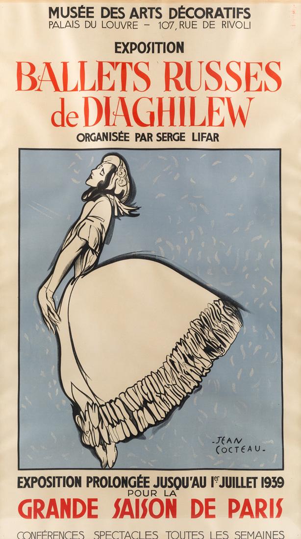 A 1939 EXHIBITION POSTER FOR BALLETS RUSSES DE: A 1939 EXHIBITION POSTER FOR BALLETS RUSSES DE DIAGHILEW BY JEAN COCTEAU (FRENCH 1889-1963) , lithograph 155 x 86.5 cm (61 x 34 in.) signed in plate lower right LOT NOTES Originally used in 1911 to pr