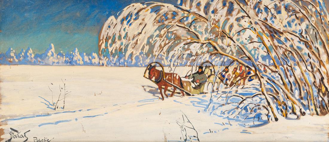 JULIAN FALAT (POLISH 1853-1929): JULIAN FALAT (POLISH 1853-1929) Polesie, gouache on cardboard 32 x 71.5 cm (12 5/8 x 28 1/8 in.) signed and titled lower left PROVENANCE Collection of the family of the present owner prior to 1943
