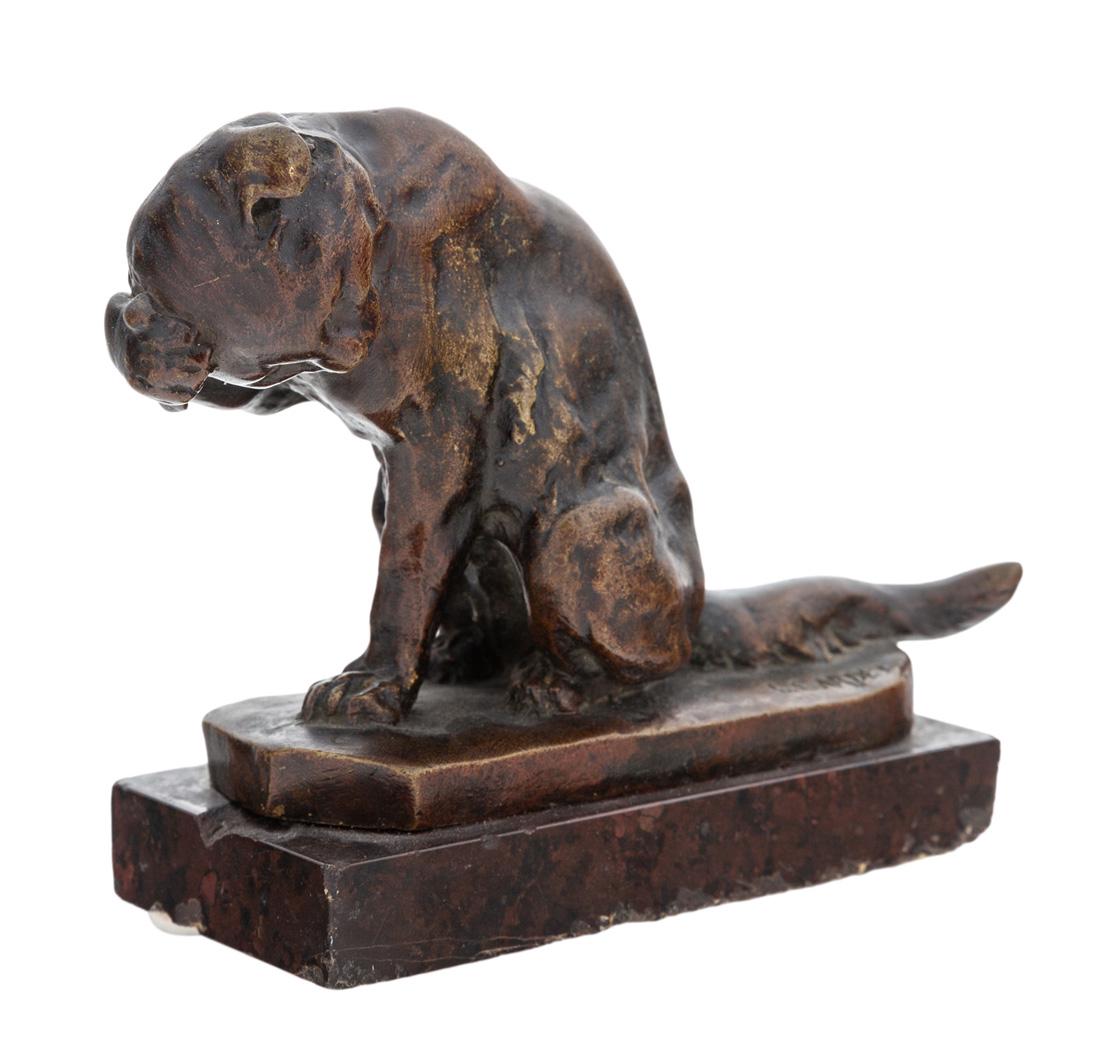 A BOOKEND BY GEORGES GARDET (FRENCH 1863-1939): A BOOKEND BY GEORGES GARDET (FRENCH 1863-1939) Chat a sa toilette, bronze with medium brown patina atop granite base overall height: 10.5 cm (4 1/8 in.) signed on base PROVENANCE Etude Tajan, Paris, F