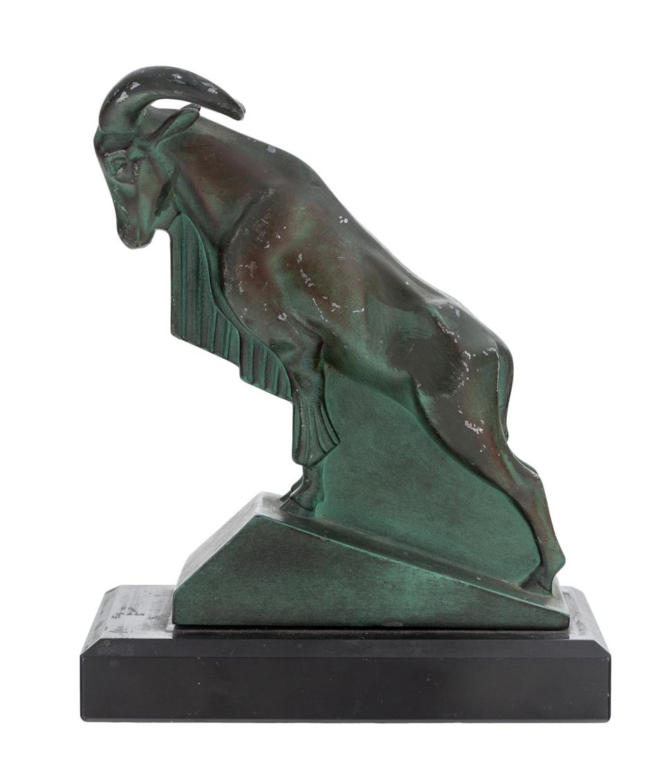 A BOOKEND BY MAX LE VERRIER (FRENCH 1891-1973): A BOOKEND BY MAX LE VERRIER (FRENCH 1891-1973) Ram, bronze with green-brown patina overall height: 16.8 cm (6 3/4 in.) signed on base PROVENANCE Collection of a prominent Armenian-American Family <
