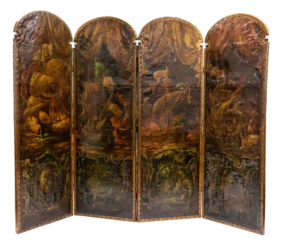 A FOUR-PART CONTINENTAL STYLE PAINTED LEATHER SCREEN,: A FOUR-PART CONTINENTAL STYLE PAINTED LEATHER SCREEN, 19TH CENTURY each painted with a warship above an allegorical crest, framed by curtains; each panel measuring 203 x 71.5 cm (79 7/8 x 28 1/8 in.),