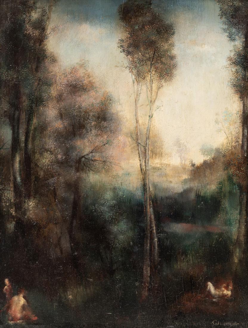 GRIGORY GLUCKMANN (RUSSIAN 1898-1973): GRIGORY GLUCKMANN (RUSSIAN 1898-1973) Paysage (Three Figures in a Forest) , oil on panel 35.2 x 27 cm (13 7/8 x 10 5/8 in.) signed lower right; signed and titled on studio label on verso