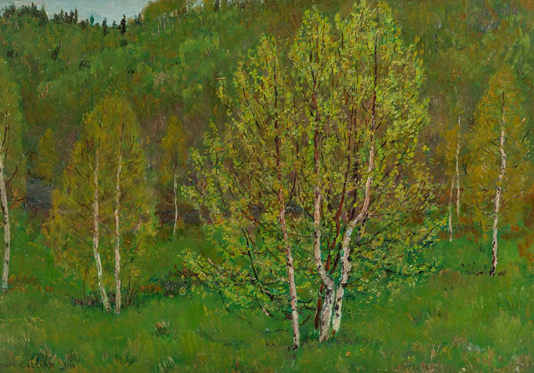 IVAN SAVENKO (RUSSIAN-UKRANIAN 1924-1987): IVAN SAVENKO (RUSSIAN-UKRANIAN 1924-1987) Young Birches, 1974 oil on board 50.6 x 70.5 cm (19 7/8 x 27 3/4 in.) signed and dated lower left; signed, dated and titled on verso PROVENANCE USSR, Art Expo