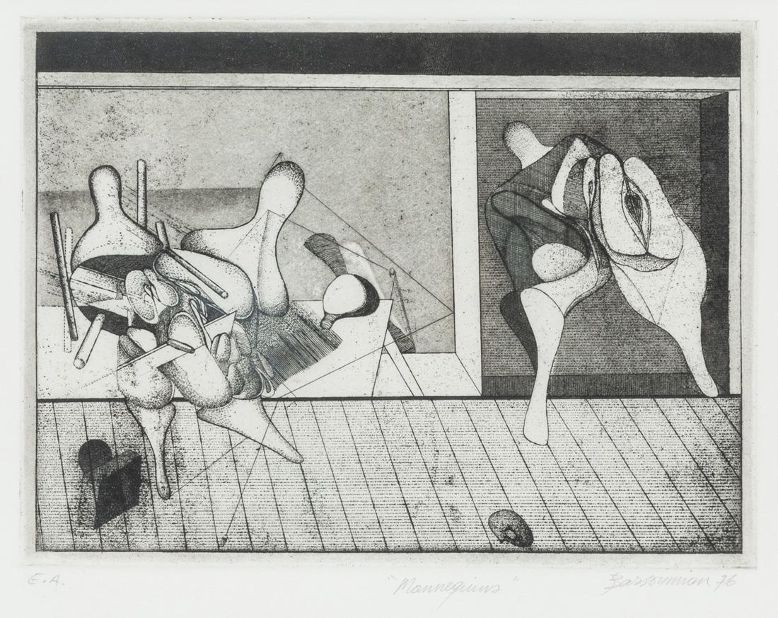 VAHE BARSOUMIAN (ARMENIAN B. 1943): VAHE BARSOUMIAN (ARMENIAN B. 1943) Mannequins, 1976 etching plate mark: 15.5 x 20.8 cm (6 1/8 x 8 1/4 in.) signed and dated lower right, titled lower center, inscribed with edition A/P lower left