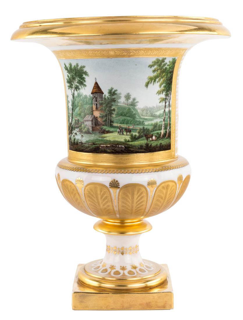 A RUSSIAN PORCELAIN URN WITH VIEW OF PAVLOVSK, PROBABLY: A RUSSIAN PORCELAIN URN WITH VIEW OF PAVLOVSK, PROBABLY IMPERIAL PORCELAIN FACTORY, ST. PETERSBURG, PERIOD OF NICHOLAS I, 1825-1855 the white body of an urn shape, decorated at the center with a carto