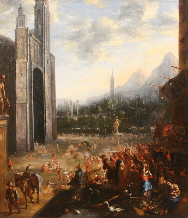 FLEMISH 17th Century Old Master Oil Painting: FLEMISH 17TH CENTURY, "A View outside the Cathedral," oil on canvas, 62 x 54 in. (157.5 x 137.2 cm.) ---------- Please note: 1) We manually approve each bidder. If you do not receive an email from liv