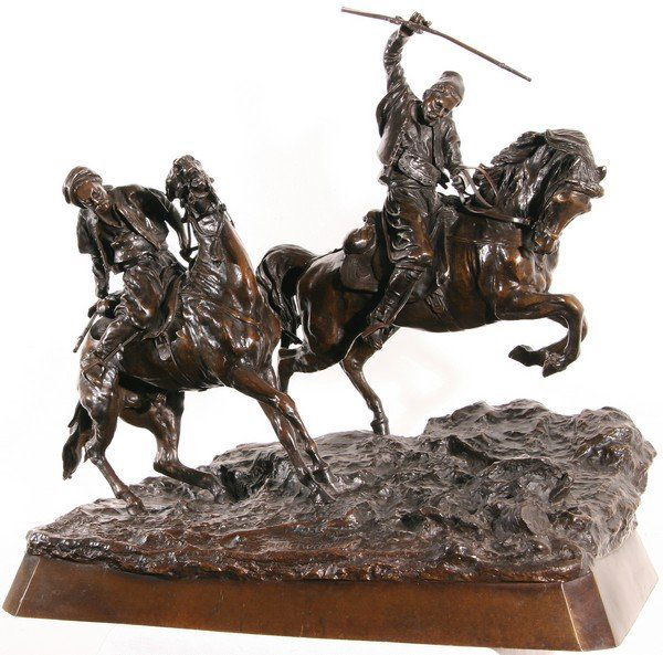 A.P. GRACHEV B1780 Antique Russian Bronze After: AFTER ALEXEI PETROVICH GRACHEV (RUSSIAN 1780-1850), "Galloping Cherkessians," bronze, 17 1/4 x 17 x 9 1/2 in. (43.8 x 43.2 x 24.1 cm.), signed on base and with Woerffel foundry stamp, repair to the re