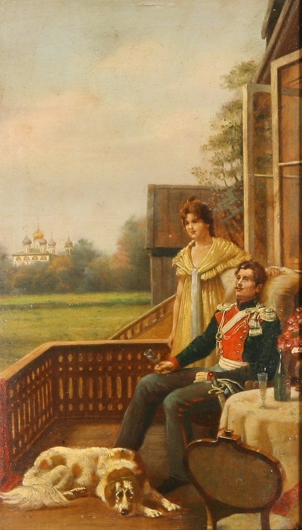 RUSSIAN 19thC Antique Oil Painting Estate View: RUSSIAN 19TH CENTURY, "Looking over the Estate," oil on panel, 10 1/2 x 7 in. (26.7 x 17.8 cm.), signed on the back in Cyrillic, 'Maksimov 1891 / Tversk. Gub.' ---------- Please note: 1) We manually a
