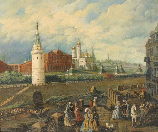 RUSSIAN 19C Antique Russian Oil Painting Moscow 2: RUSSIAN 19TH CENTURY, "View of the Kremlin from across the Moscow River," oil on canvas, 25 1/4 x 30 in. (64.1 x 76.2 cm.). ---------- Please note: 1) We manually approve each bidder. If you do not re