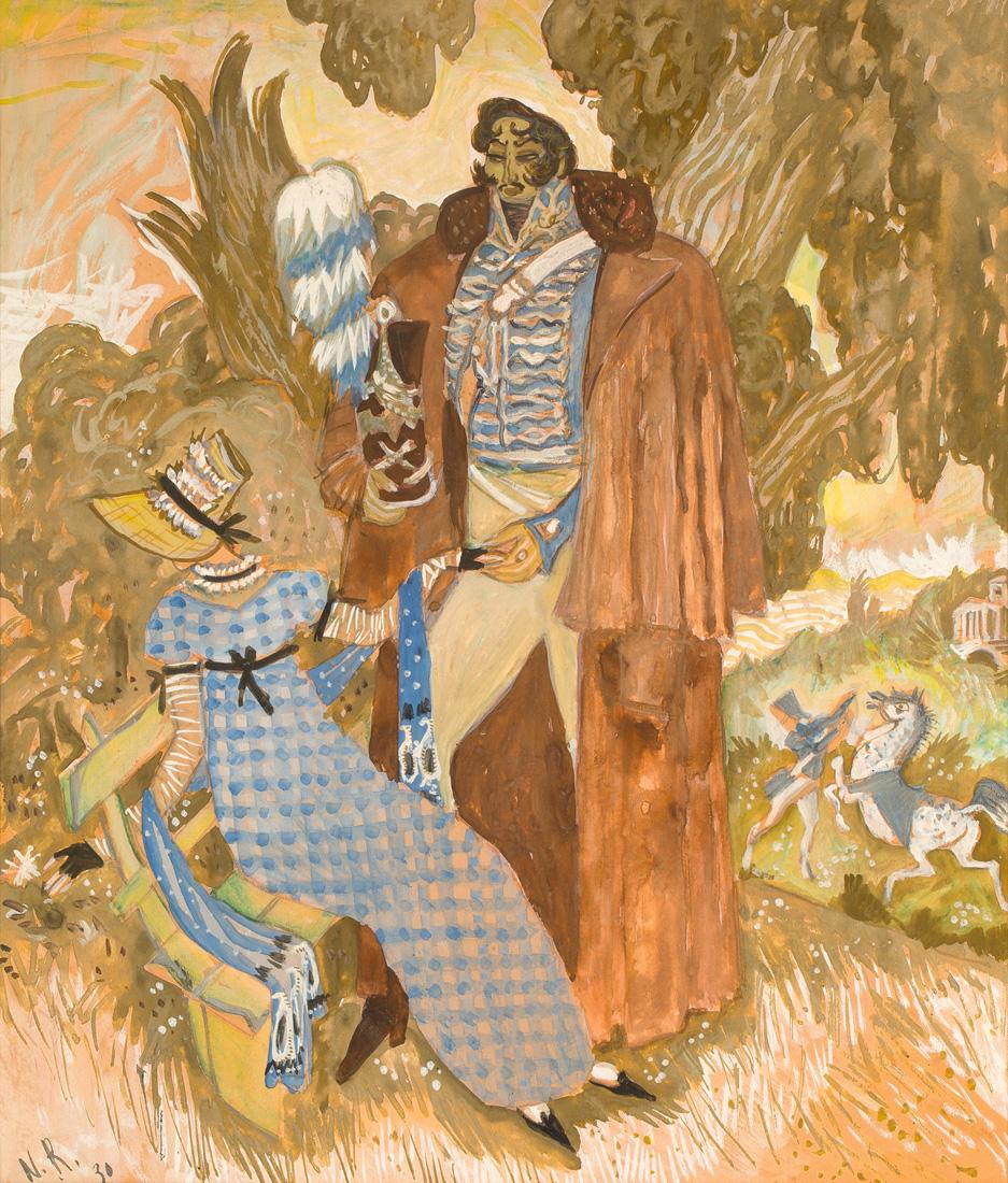 NIKOLAI REMISOFF (RUSSIAN 1887-1979): NIKOLAI REMISOFF (RUSSIAN 1887-1979) Anna Karenina and Count Vronsky, 1930 gouache on paper 43 x 36.5 cm (16 7/8 x 14 3/8 in.) [sight] initialed and dated lower left LOT NOTES Nikolai Vladimirovich Re