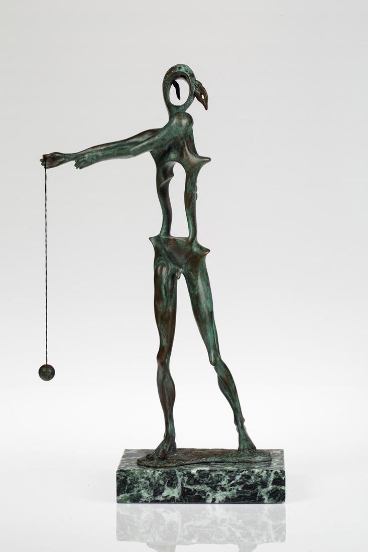 SALVADOR DALI (SPANISH 1904-1989): SALVADOR DALI (SPANISH 1904-1989) Hommage a Newton, conceived in 1968, executed in 1981 bronze with green patina atop travertine base height including base: 38.5 cm (15 1/8 in.) signed and marked with