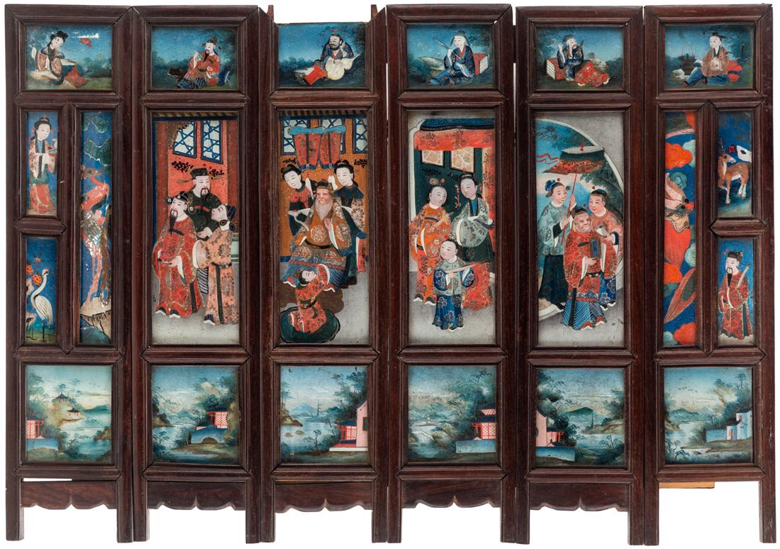 A CHINESE SIX-PANEL SCREEN DEPICTING THE TALE OF GENJI,: A CHINESE SIX-PANEL SCREEN DEPICTING THE TALE OF GENJI, LATE QING DYNASTY comprising 22 pieces of painted glass set in wooden screen, the central four with court scenes flanked by male and female figu