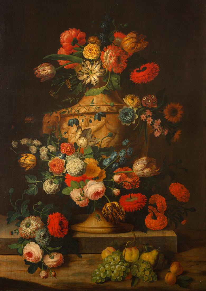 ANDRIES CORNELIS LENS (FLEMISH 1739-1822): ANDRIES CORNELIS LENS (FLEMISH 1739-1822) Still Life with Baluster Vase with Tulips, Chrysanthemums, Sunflowers, and Other Flowers, with Apricots, Pears and Grapes, 1740 oil on canvas 143 x 103 cm (56