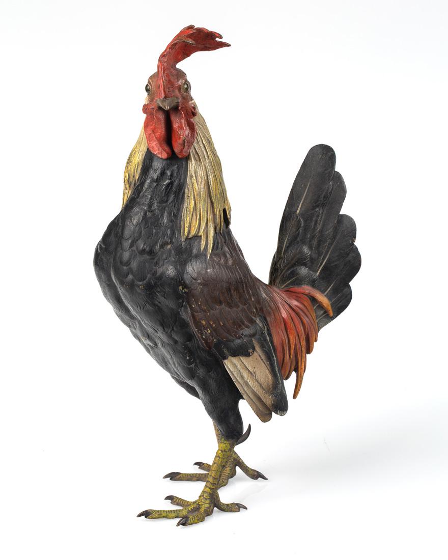 AN AUSTRIAN COLD-PAINTED BRONZE MODEL OF A COCKEREL,: AN AUSTRIAN COLD-PAINTED BRONZE MODEL OF A COCKEREL, FRANZ BERGMAN, VIENNA, CIRCA 1900 depicting a standing cockerel, marked with GESCHUTZT, numeral 7018 and Bergman foundry mark underneath; height: 3