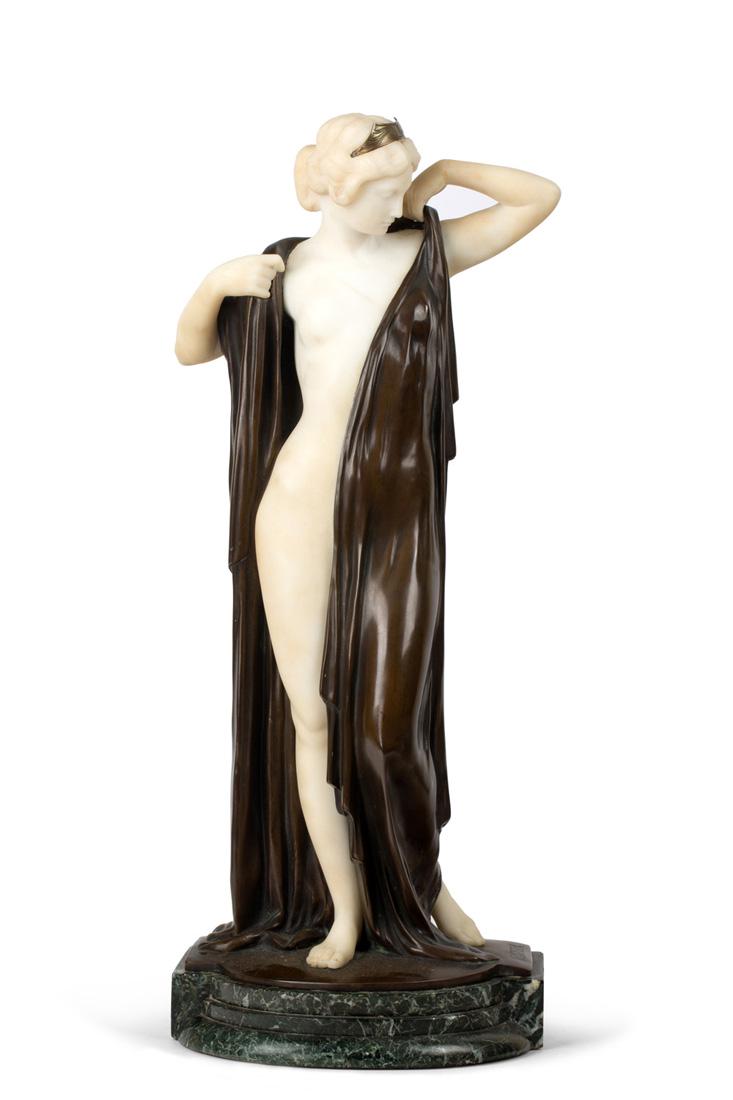 ERNST SEGER (GERMAN 1869-1939): ERNST SEGER (GERMAN 1869-1939) After the Bath, bronze and marble atop stone base height including base: 59 cm (23 1/4 in.) signed and marked with RKB foundry mark on base PROVENANCE Sotheby's, New Yor
