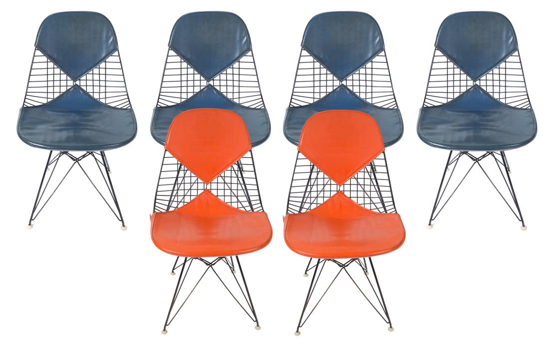 A SET OF 6 DKR CHAIRS BY CHARLES AND RAY EAMES: A SET OF 6 DKR CHAIRS BY CHARLES AND RAY EAMES (AMERICAN 1907-1978 AND 1912-1988), DESIGNED 1951 comprising 6 chairs designed for Herman Miller, each plastic coated zinc wire with Naugahide "bikini" c