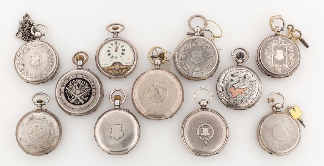 A GROUP OF 11 SILVER HUNTING POCKET WATCHES FOR SWISS: A GROUP OF 11 SILVER HUNTING POCKET WATCHES FOR SWISS IMPORT, VARIOUS MAKERS, INCLUDING CHOPARD AND PAVEL BUHRE, CIRCA 1900 comprising: a) a silver Chopard pocket watch with lever movement, 15 jewels,