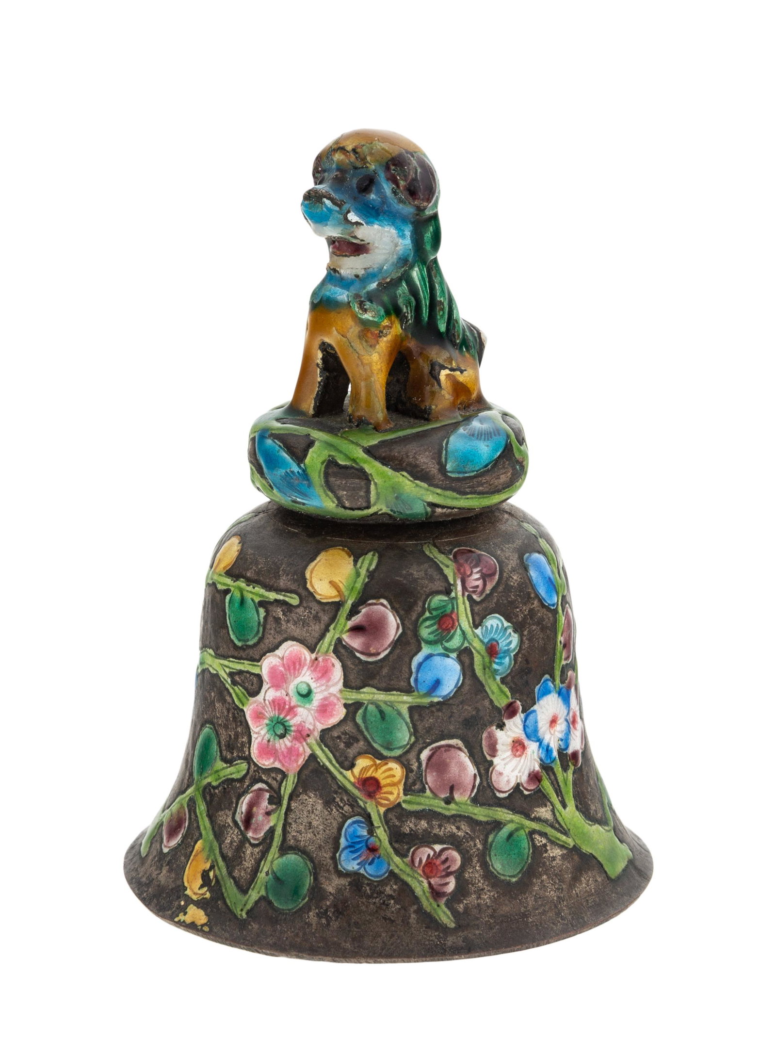 CHINESE SILVER AND ENAMEL BELL silver bell with: CHINESE SILVER AND ENAMEL BELL silver bell with enamel flowers and lion topper and green marble clapper, silver; height: 10.16 cm ( 4 in.)