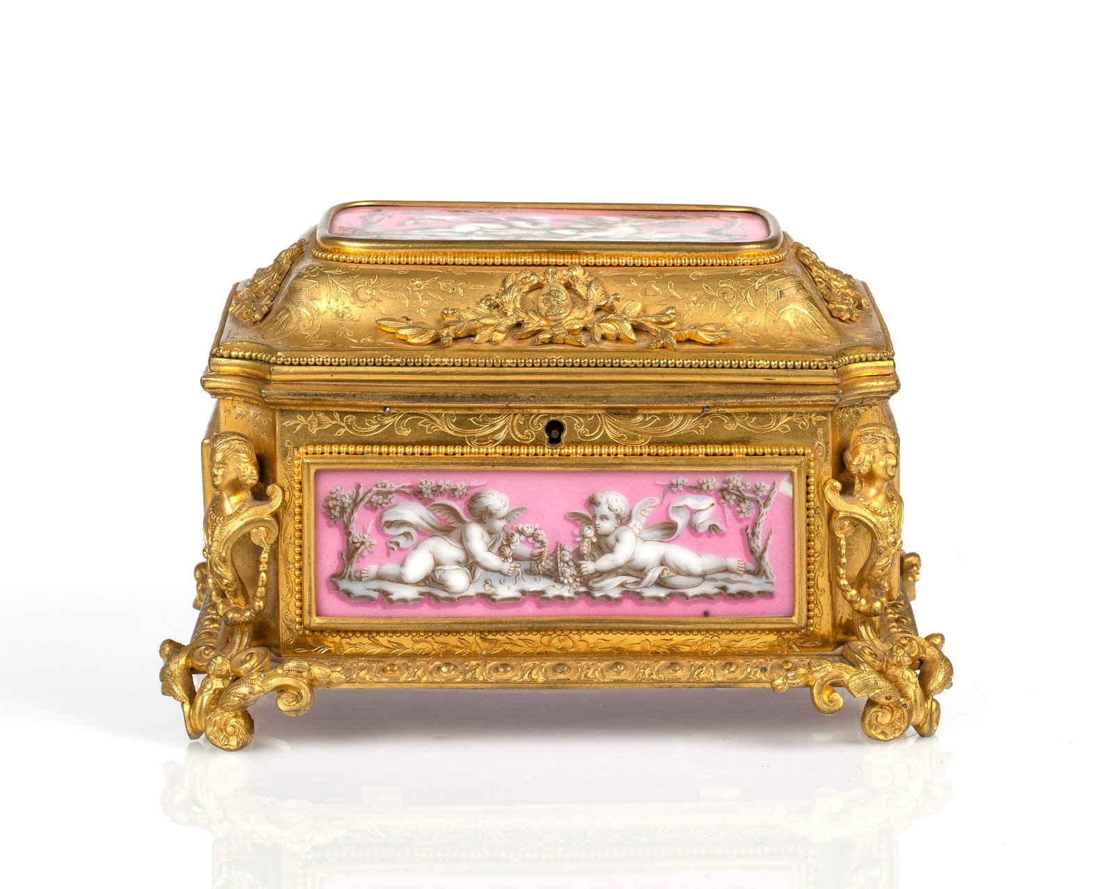A FRENCH ORMOLU AND ENAMEL JEWELRY BOX, TAHAN, PARIS,: A FRENCH ORMOLU AND ENAMEL JEWELRY BOX, TAHAN, PARIS, CIRCA 1860S featuring allegorical grisaille panels depicting putti and musical instruments against a vivid pink ground, the cover applied with wre