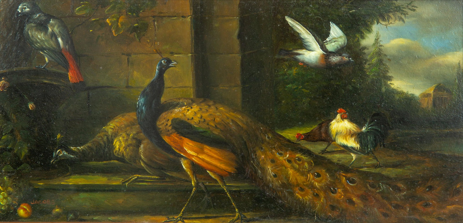STYLE OF CONTINENTAL SCHOOL Peacocks in a Landscape: STYLE OF CONTINENTAL SCHOOL Peacocks in a Landscape oil on panel signed Jacobs lower right panel dimensions: 20 x 40.3 cm (7 7/8 x 15 7/8 in.), framed dimensions: 37.2 x 57.5 cm (14 5/8 x 22 5/8 in.)