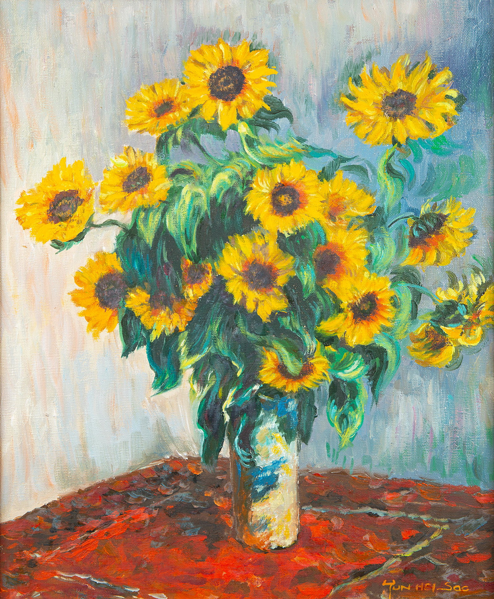 YUN HEI SOO (KOREAN) Sunflower Bouquet oil on: YUN HEI SOO (KOREAN) Sunflower Bouquet oil on canvas signed lower right sheet dimensions: 46 x 38 cm (18 1/8 x 15 in.), framed dimensions: 65 x 57 cm (25 1/2 x 22 1/2 in.)