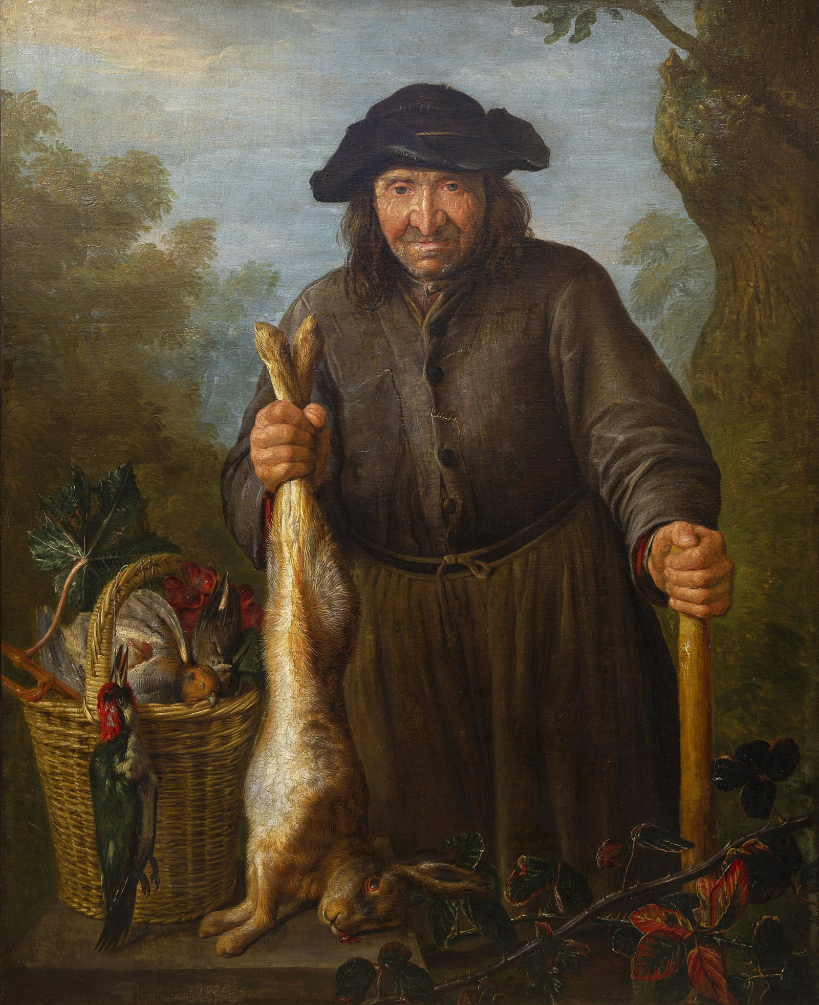 FOLLOWER OF FRANS SNYDERS (FLEMISH 1579-1657) Hunter: FOLLOWER OF FRANS SNYDERS (FLEMISH 1579-1657) Hunter with Rabbit and Basket of Game oil on canvas signed lower left canvas dimensions: 124 x 98.5 cm (48 7/8 x 38 3/4 in.)