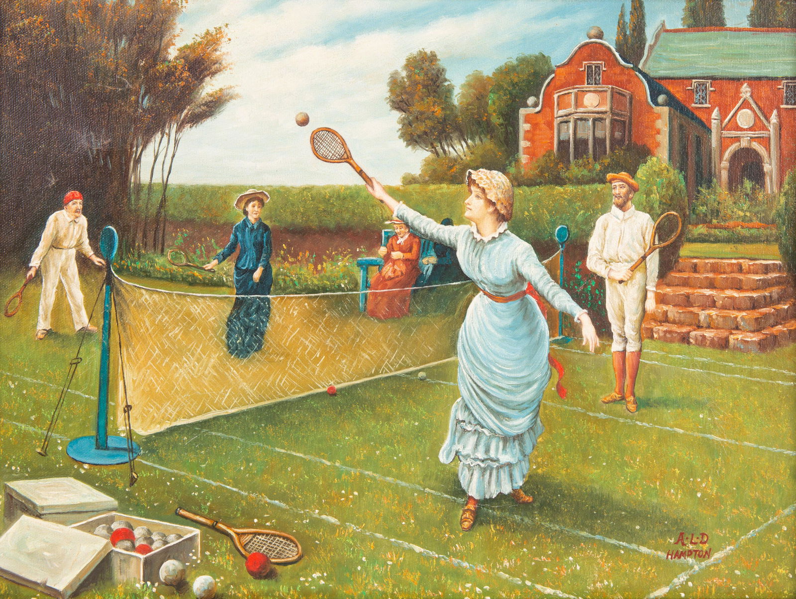 BRITISH SCHOOL Tennis Match oil on canvas signed: BRITISH SCHOOLTennis Match oil on canvas signed A.L.D. Hampton lower right canvas dimensions: 30.2 x 41 cm (11 7/8 x 16 1/8 in.), framed dimensions: 55.3 x 65 cm (21 3/4 x 25 5/8 in.)
