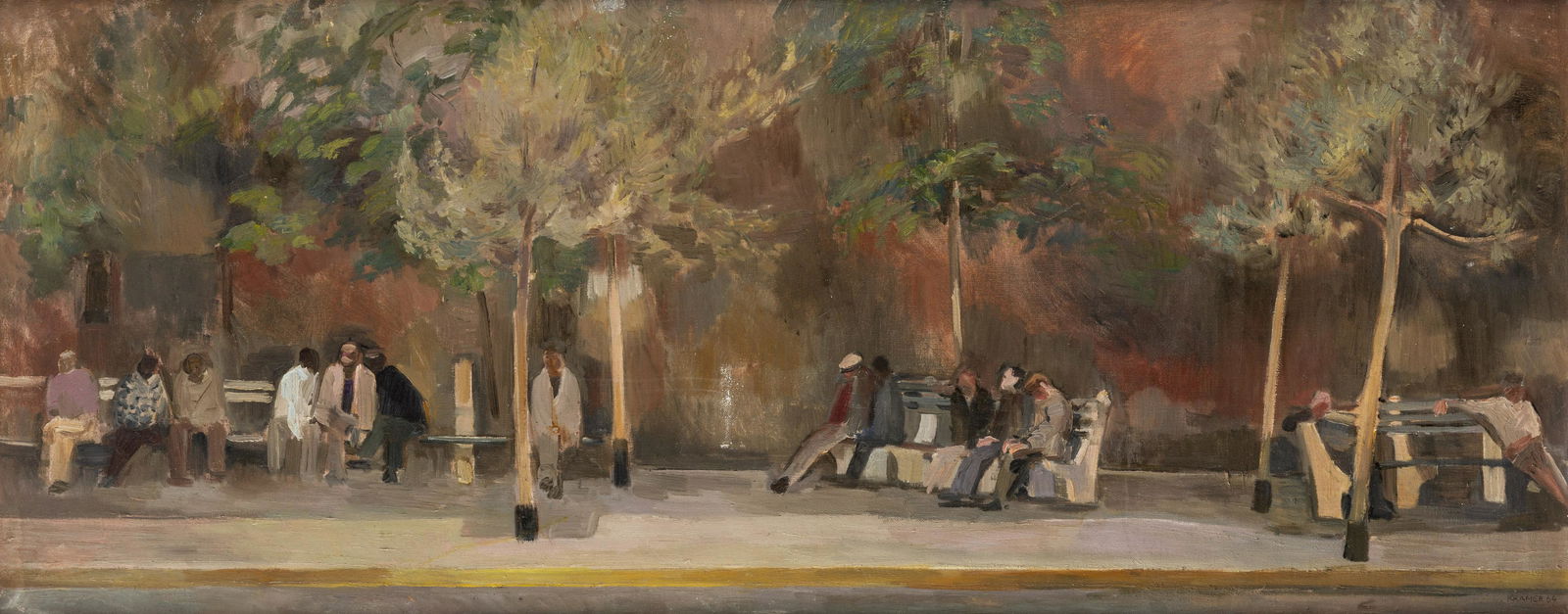 EDITH KRAMER (AUSTRIAN 1916-2014) Houston St.: EDITH KRAMER (AUSTRIAN 1916-2014)Houston St. Derlics [sic] II, 1964oil on canvascanvas dimensions: 46 x 112.5 cm (18 1/8 x 44 1/4 in.)signed and dated lower right; titled and dated on stretcher