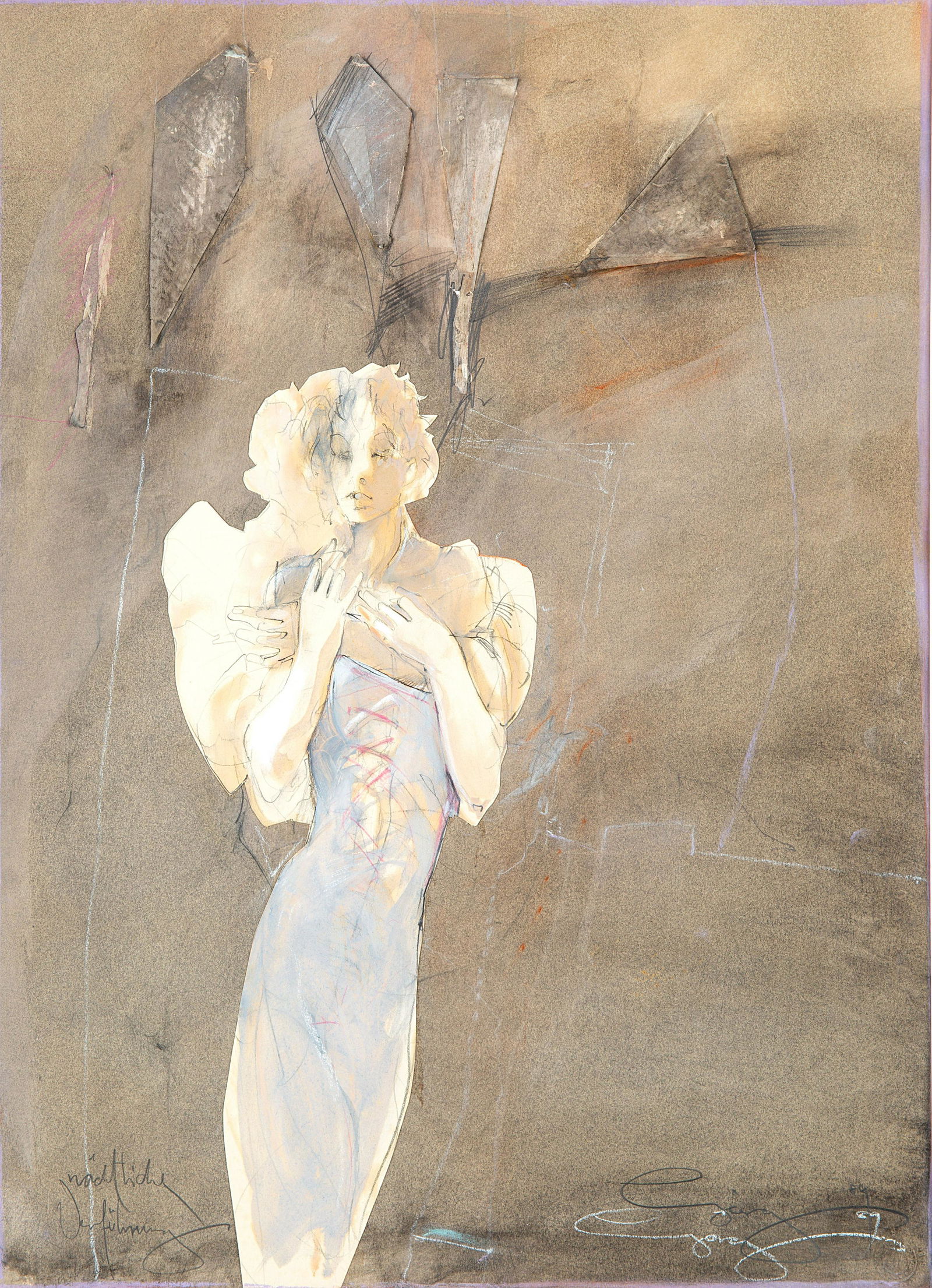 JURGEN GORG (GERMAN B. 1951) Fascinating Night ,: JURGEN GORG (GERMAN B. 1951)Fascinating Night, 1989 watercolor, pastel and collage on paper signed and dated lower left, titled lower right image sight dimensions: 60 x 45 cm (23 5/8 x 17 3/4 in.), fr