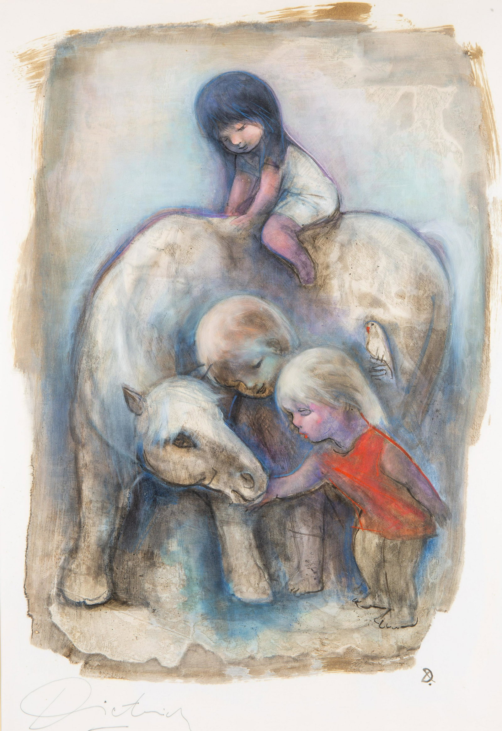 HERMANN DIETRICH (SWEDEN 1916-2003) Children with: HERMANN DIETRICH (SWEDEN 1916-2003) Children with Horse gouache on paper signed lower left sheet sight dimensions: 70.5 x 50 cm (27 1/2 x 19 5/8 in.), framed dimensions: 96 x 74.5 cm (37 3/4 x 29 3/8 