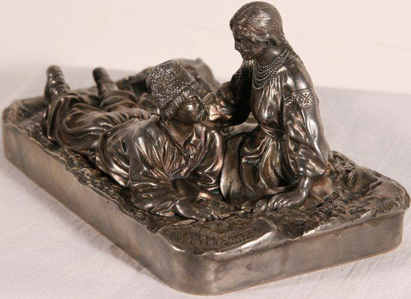 GRACHEV B1831 RUSSIAN BRONZE COSSACK LOVERS: VASILY YAKOVLEVICH GRACHEV (RUSSIAN 1831-1905), "Cossack Lovers," bronze with silver patina, 9 x 18.5 x 10 cm (3 1/2 x 7 1/4 x 4 in.), signed on the base 'Grachev' in Cyrillic; also with foundry stamp