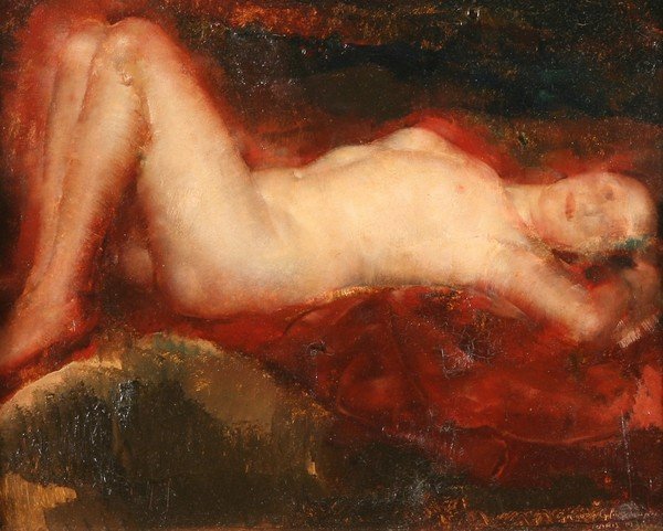 GLUCKMANN B1898 RUSSIAN OIL PAINTING NUDE 1931: GRIGORY GLUCKMANN (RUSSIAN 1898-1973), "Reclining Nude," 1931, oil on panel, 27 x 35 cm. (10 1/2 x 13 3/4 in.), signed and dated lower right, 'Grigory Gluckmann/ Paris/ 1931.'