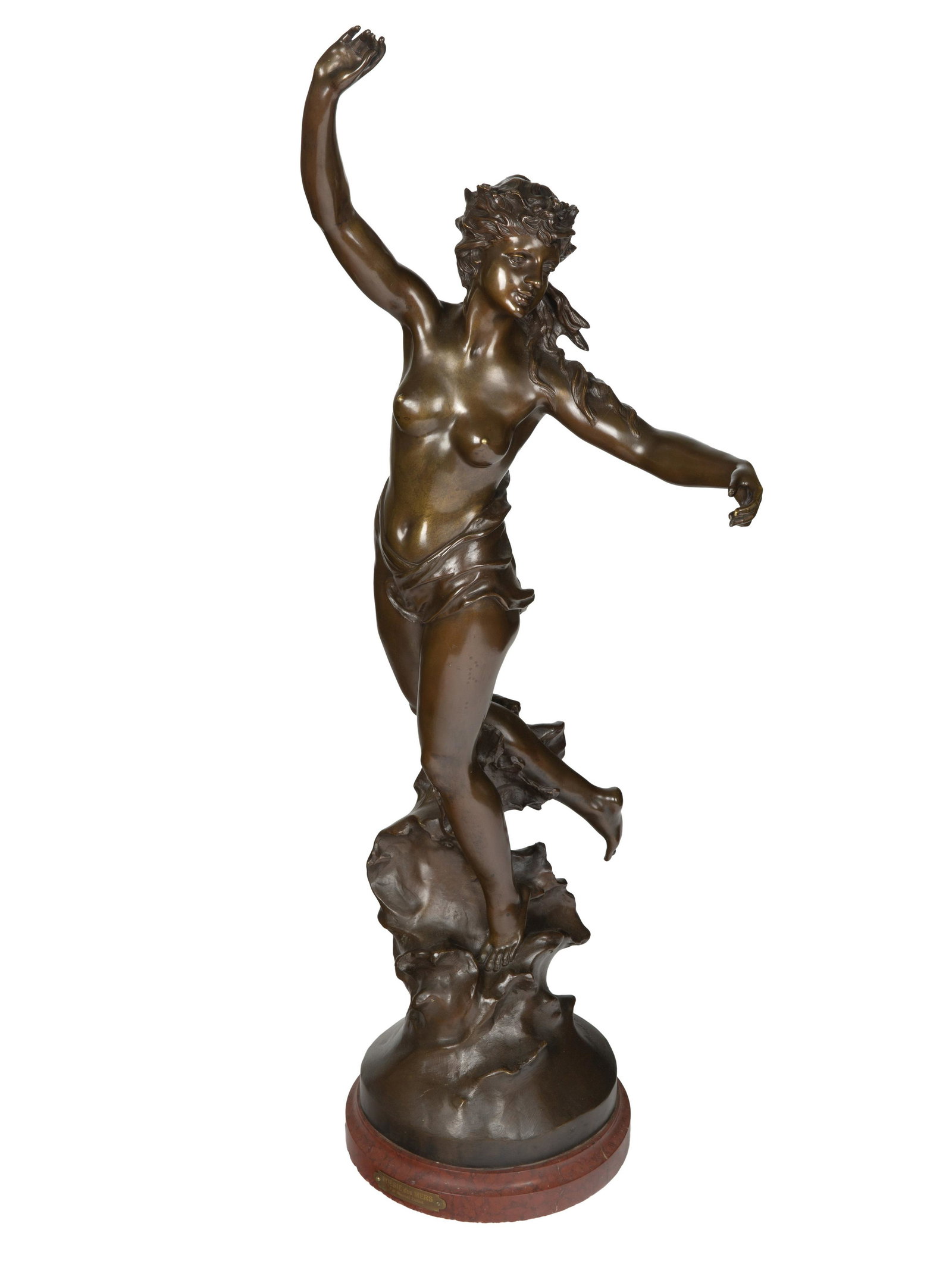 MARCEL DEBUT (FRENCH 1865-1933): MARCEL DEBUT (FRENCH 1865-1933) Poesie des Mers bronze with light brown patina atop stone base overall height: 115.5 cm (45 1/2 in.) signed and inscribed France on base CONDITION The sculpture appears