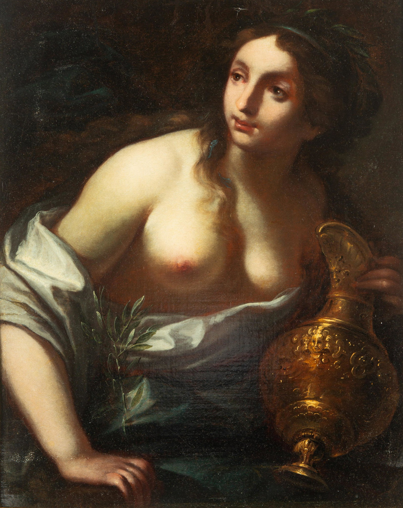 19TH CENTURY CONTINENTAL SCHOOL: 19TH CENTURY CONTINENTAL SCHOOL Nude with Carafe and Olive Branch oil on canvas 68 x 54 cm (26 3/4 x 21 1/4 in.) CONDITION Observed in frame, the work is in overall very good condition. Some surface d