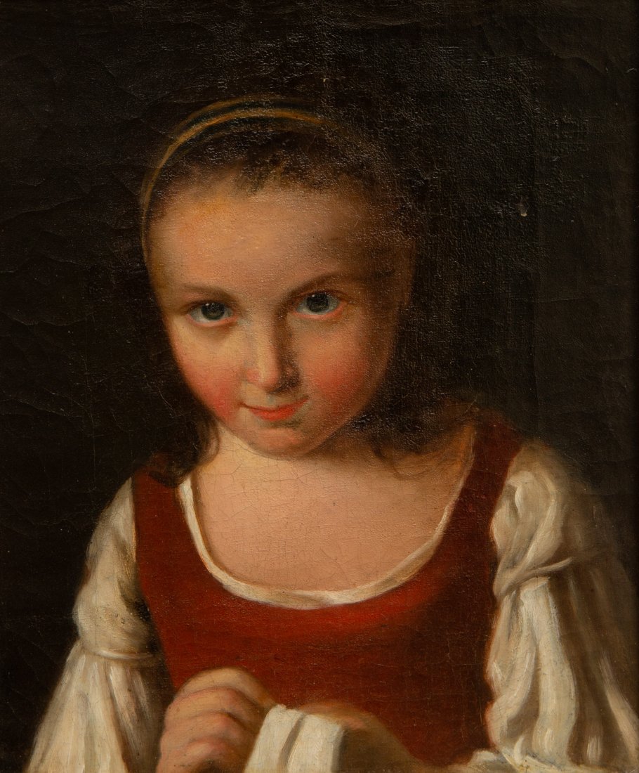 19TH CENTURY CONTINENTAL SCHOOL: 19TH CENTURY CONTINENTAL SCHOOL Portrait of a Young Girl Sewing oil on canvas 30.5 x 25 cm (12 x 9 7/8 in.) CONDITION The painting appears in overall fair and stable condition. Fine, stable and age-ap