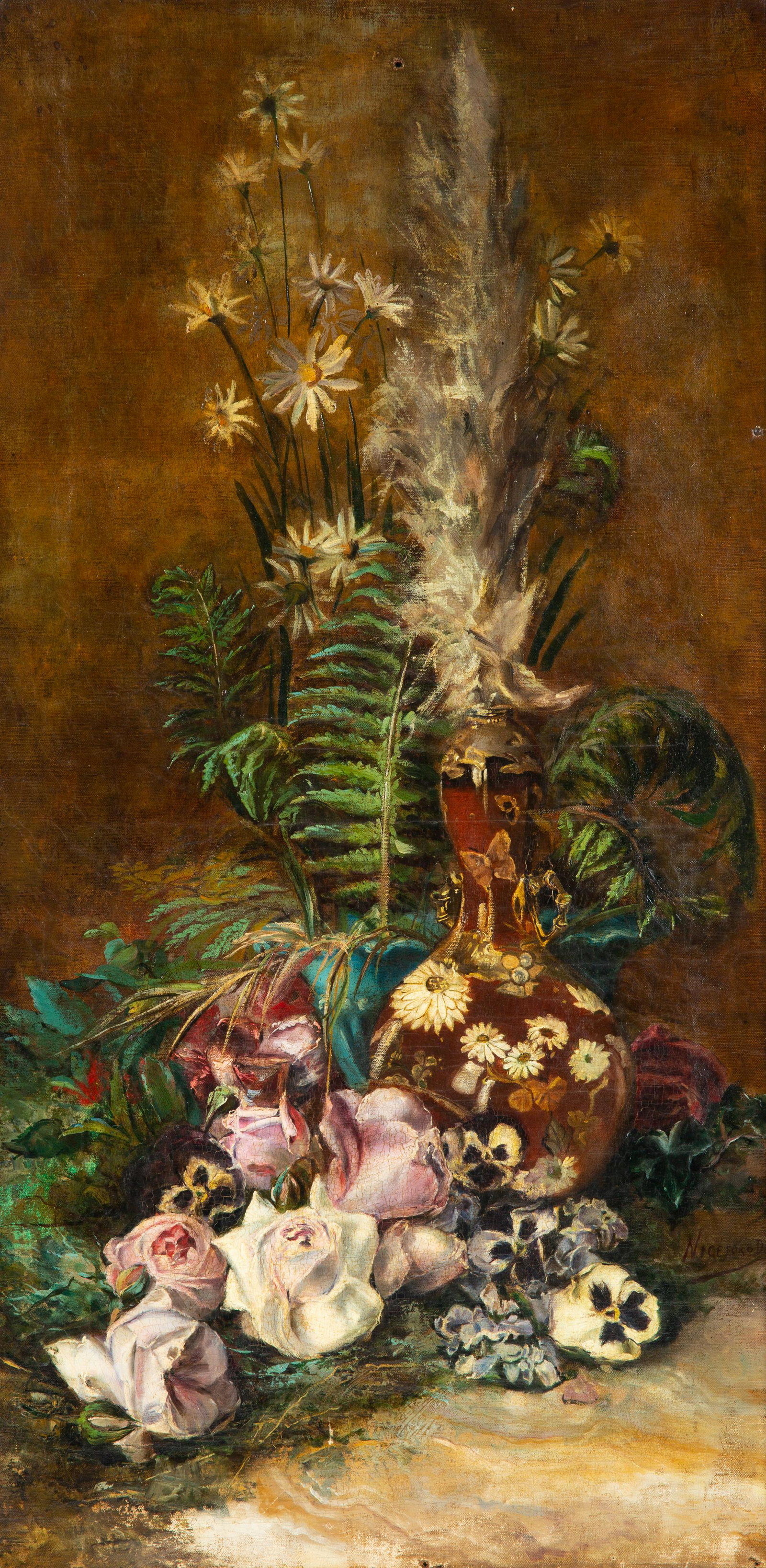 19TH CENTURY EUROPEAN ARTIST: 19TH CENTURY EUROPEAN ARTIST Still Life With Asian Vase, Roses, Ferns, and Daisies oil on canvas 95 x 47 cm (37 3/8 x 18 1/2 in.) signed lower right CONDITION Observed in frame, the work is in good co