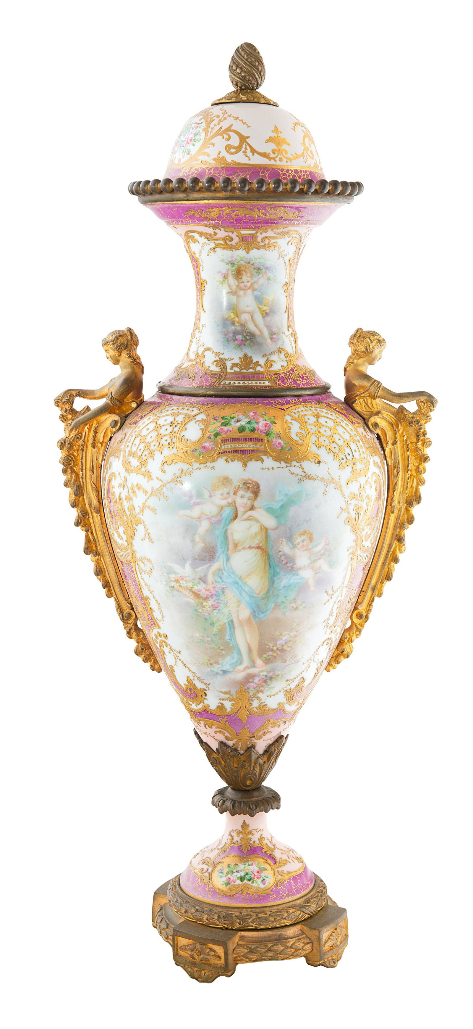 A FRENCH SEVRES STYLE ORMOLU-MOUNTED PORCELAIN VASE,: A FRENCH SEVRES STYLE ORMOLU-MOUNTED PORCELAIN VASE, LATE 19TH-EARLY 20TH CENTURY of ovoid baluster form, two-handled, the handles formed as a pair of maidens holding spilling flower baskets, the rect