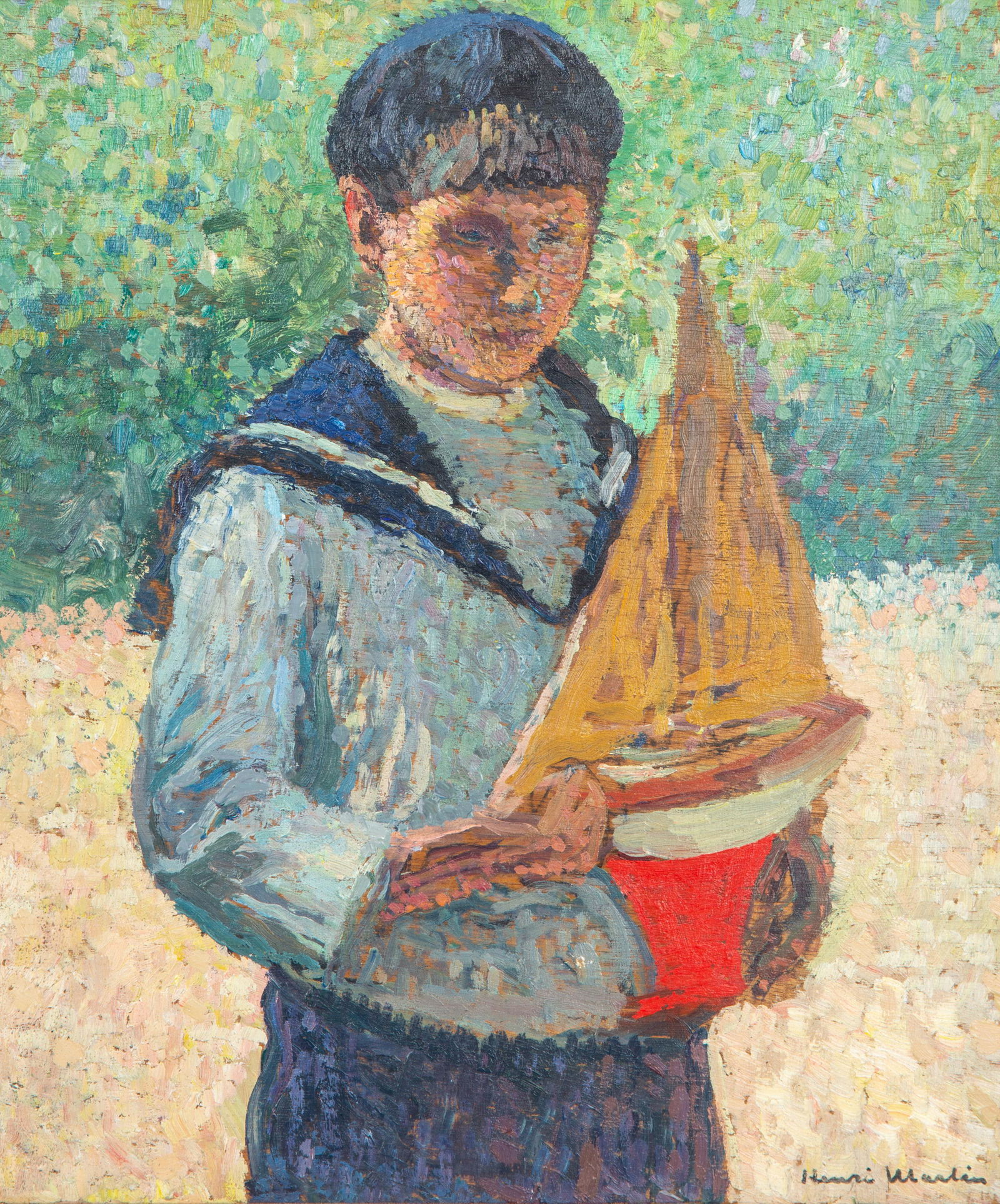 HENRI MARTIN (FRENCH 1860-1943): HENRI MARTIN (FRENCH 1860-1943) Boy with Sailboatcirca 1932-1935 oil on panel 45 x 37 cm (17 3/4 x 14 5/8 in.) signed lower right PROVENANCEPurchased from Chaite Gallery, Paris, 1950 Private collectio