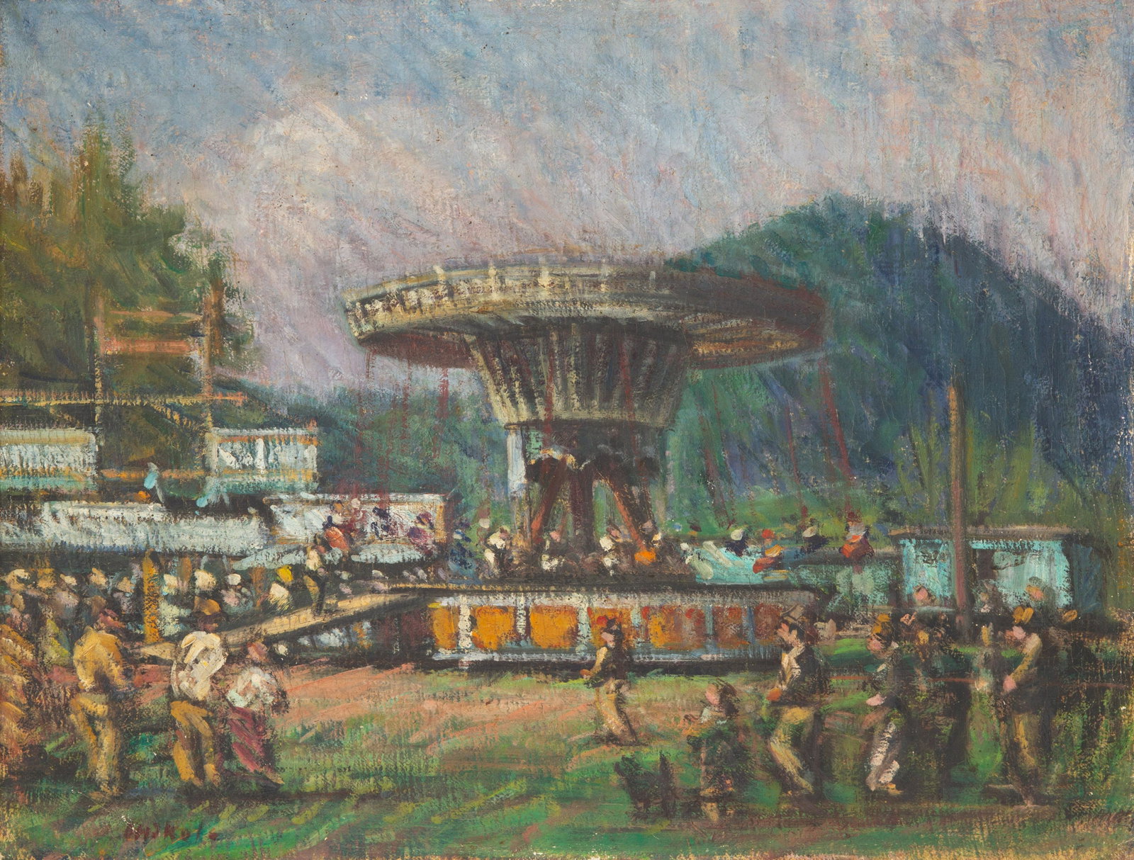 ANDRAS MIKOLA (HUNGARIAN 1884-1970): ANDRAS MIKOLA (HUNGARIAN 1884-1970) Carousel oil on canvas 50 x 64 cm (19 3/4 x 25 1/4 in.) signed lower left CONDITION Observed in frame, the work is in overall good condition. Canvas slightly loose 