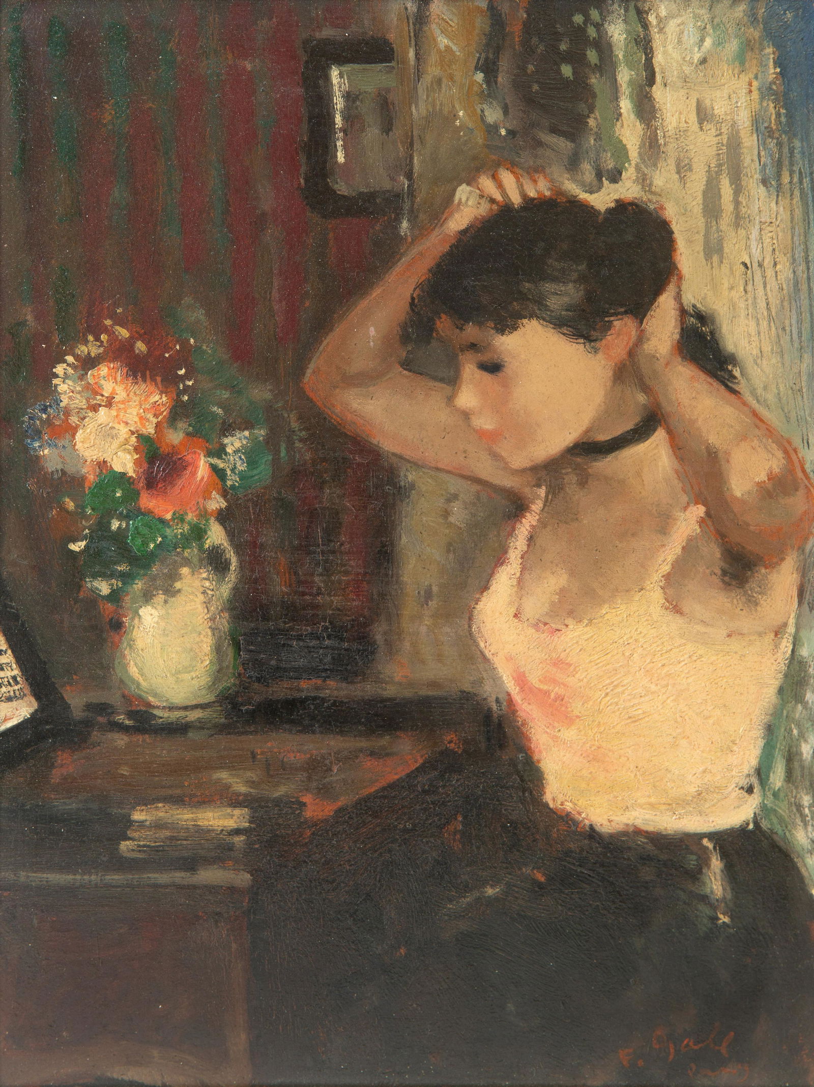 FRANCOIS GALL (FRENCH 1912-1987): FRANCOIS GALL (FRENCH 1912-1987) EugÃ©nie relÃ¨ve son chignon devant le miroir au bouquet de fleurscirca 1952 oil on board 33 x 25.5 cm (13 x 10 in.) signed lower right We are grateful to Marie-Li