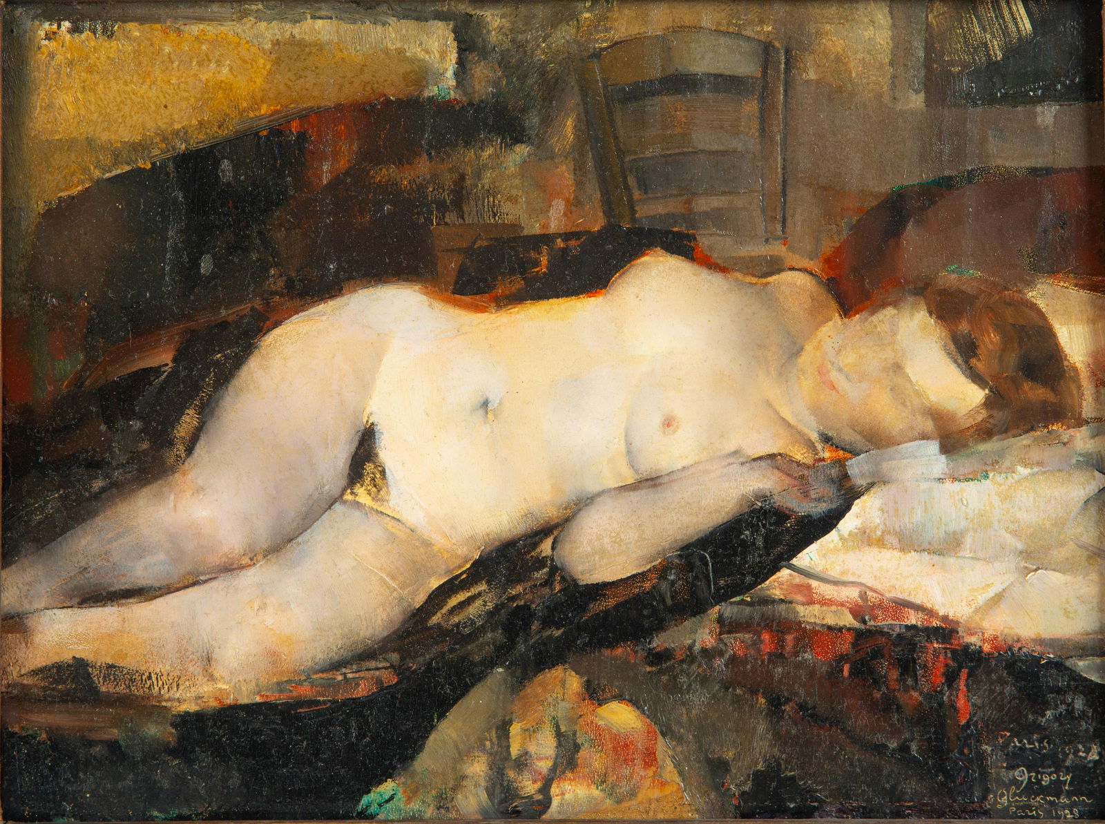 GRIGORY GLUCKMANN (RUSSIAN 1898-1973): GRIGORY GLUCKMANN (RUSSIAN 1898-1973) Lying Nude oil on panel 32 x 40 cm (12 5/8 x 15 3/4 in) signed and dated lower right CONDITION Observed in frame, the painting is in overall very good condition.