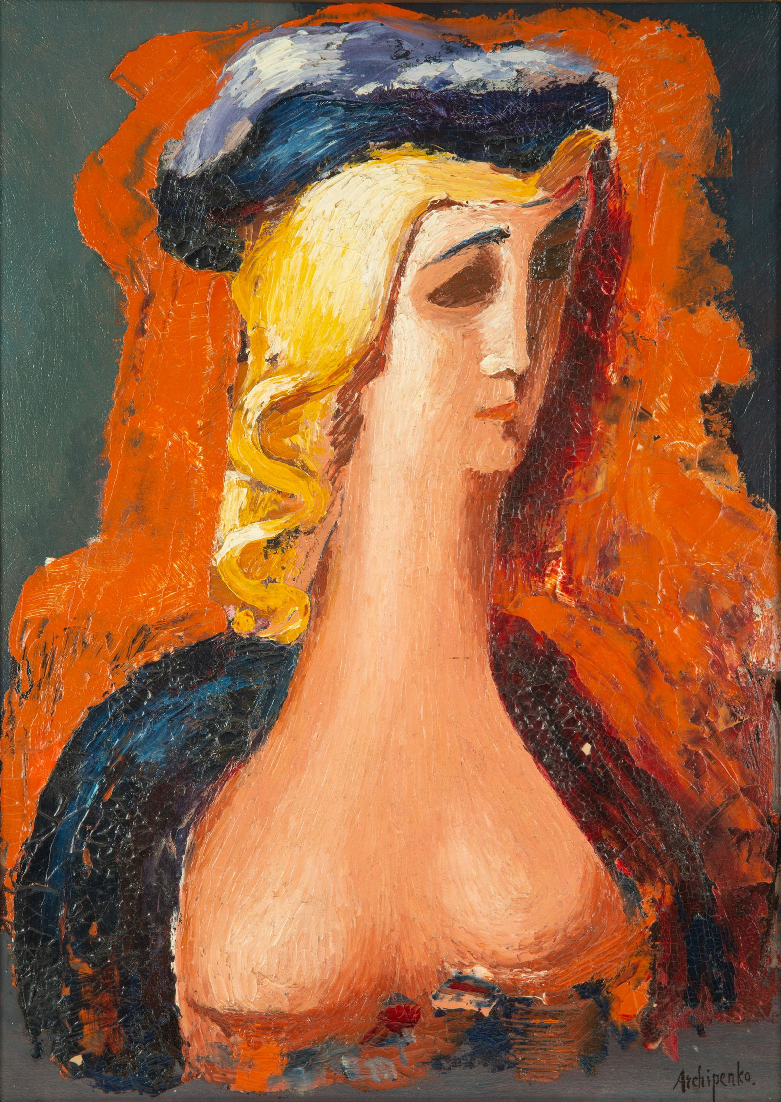 ALEXANDER ARCHIPENKO (UKRAINIAN 1887-1964): ALEXANDER ARCHIPENKO (UKRAINIAN 1887-1964) Woman in Blue Hatcirca 1928 oil on canvas laid on panel 56 x 40.7 cm (22 x 16 in.) signed lower right PROVENANCE Acquired from the estate of the artist Sothe