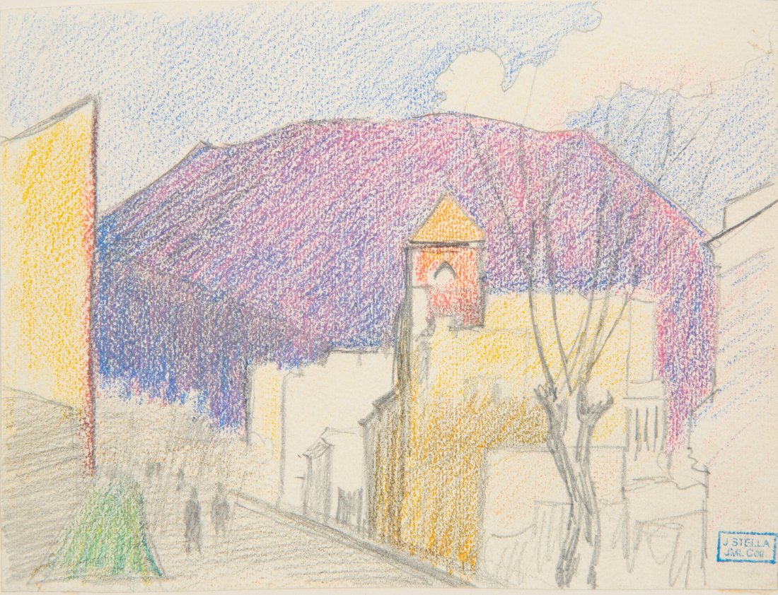 JOSEPH STELLA (AMERICAN 1877-1946): JOSEPH STELLA (AMERICAN 1877-1946) Street View colored pencil and pencil on paper 15.9 x 13.5 cm (6 1/4 x 5 1/4 in.) bears "J.Stella/JML Coll" estate stamp lower right PROVENANCE Pensler Galleries, Wa