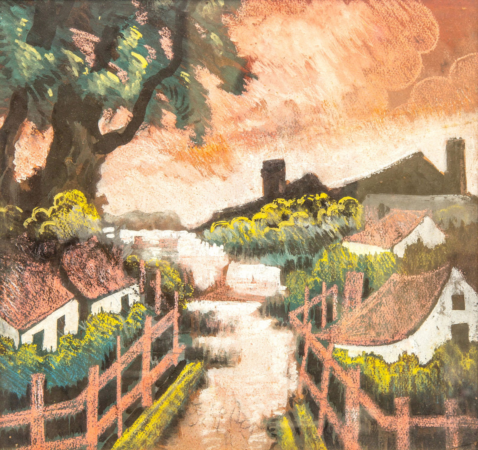 HUGO SCHEIBER (HUNGARIAN 1873-1950): HUGO SCHEIBER (HUNGARIAN 1873-1950) Village Landscape pastel on paper 39.5 x 42 cm (15 1/2 x 16 1/2 in.) signed lower center PROVENANCE Sotheby's, New York, February 12, 2009, lot 81 CONDITION