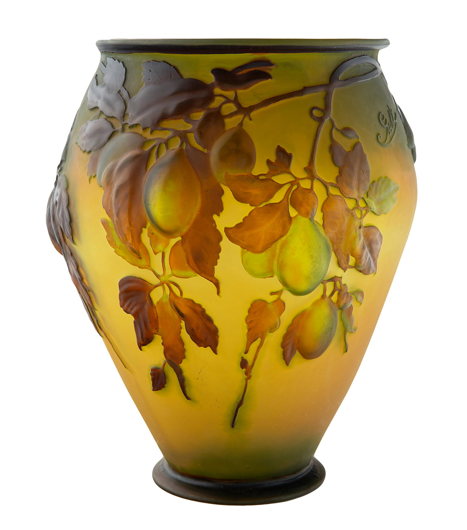 A LARGE GALLE MOLD-BLOWN CAMEO GLASS 'PLUM' VASE, CIRCA: A LARGE GALLE MOLD-BLOWN CAMEO GLASS 'PLUM' VASE, CIRCA 1920 of krater form, the rich lemon ground overlaid in caramel, shading to deep blue along the lip, with a continuous decoration of pendant plum