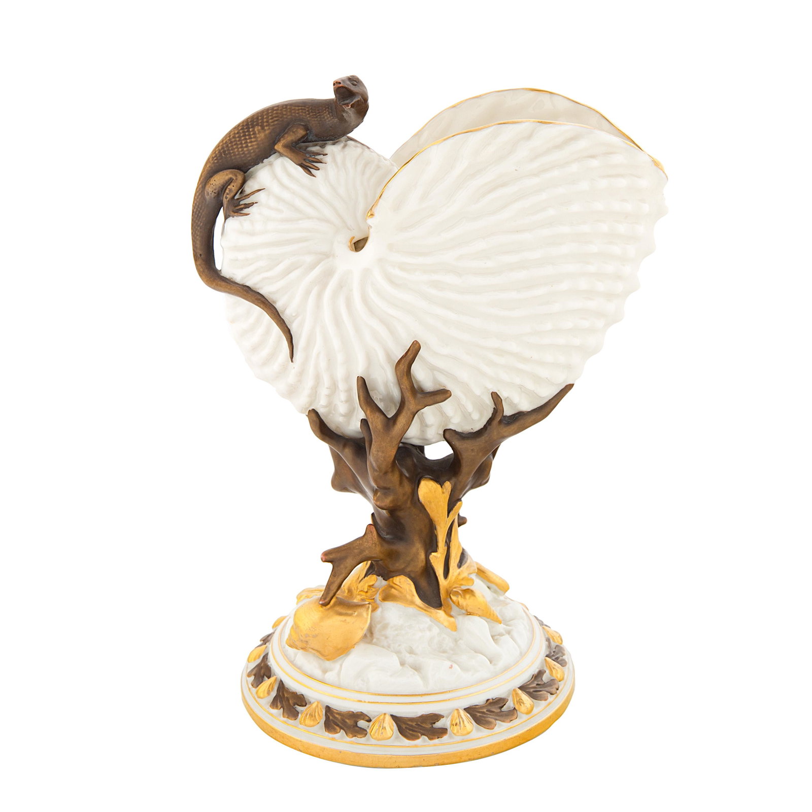 AN ENGLISH PORCELAIN AND ENAMEL 'NAUTILUS' VASE,: AN ENGLISH PORCELAIN AND ENAMEL 'NAUTILUS' VASE, WORCESTER ROYAL PORCELAIN WORKS, WORCESTER, 1884 the nautilus shell-form body surmounted by a lizard and supported by a coral stem with scattered shell