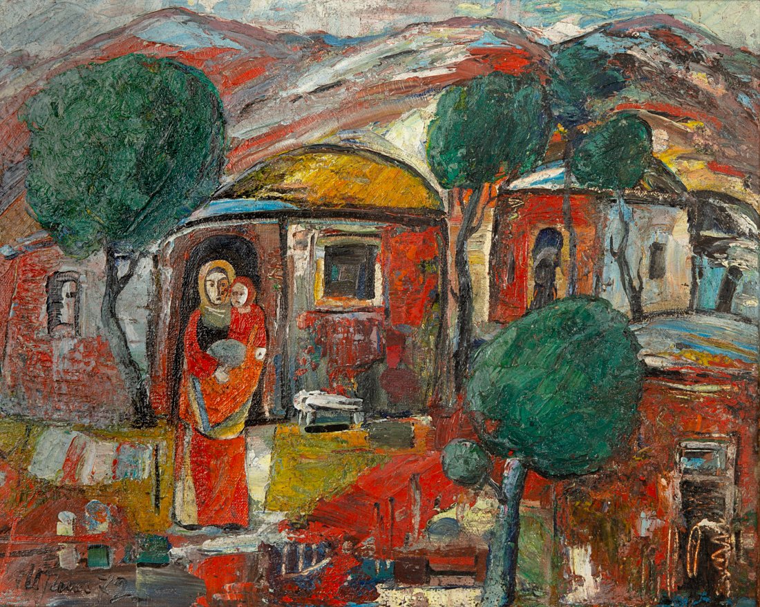 MINAS AVETISIAN (ARMENIAN 1928-1975): MINAS AVETISIAN (ARMENIAN 1928-1975) Mother with Child in Her Arms Standing Before a Village1972 oil on canvas laid on board 30.5 x 38 cm (12 x 1 1/2 in.) signed and dated lower left; signed and dated